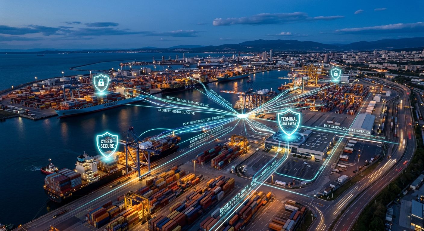 Europäischer Containerhafen bei Dämmerung mit digitalen Sicherheitssymbolen und verschlüsselten Datenströmen zwischen Schiffen und Hafeninfrastruktur