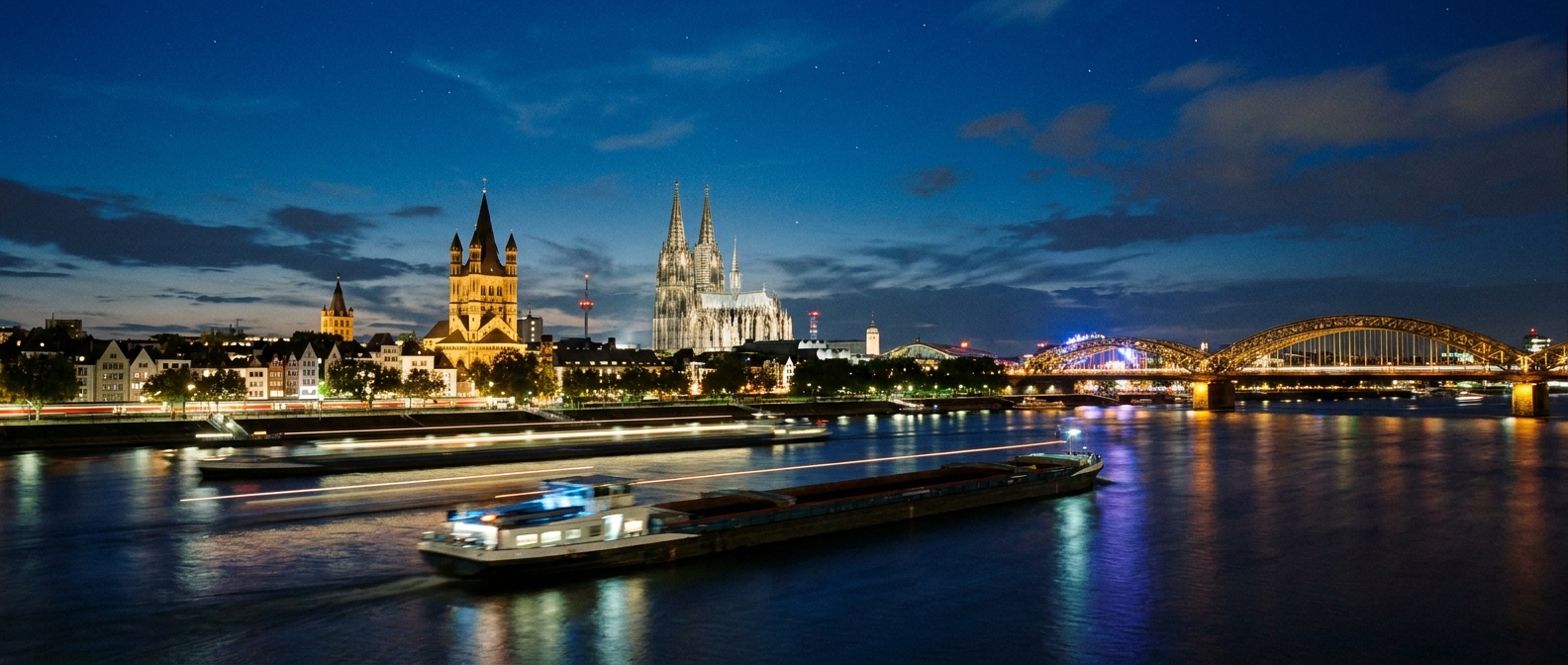 Güterbarken auf dem Rhein bei Nacht