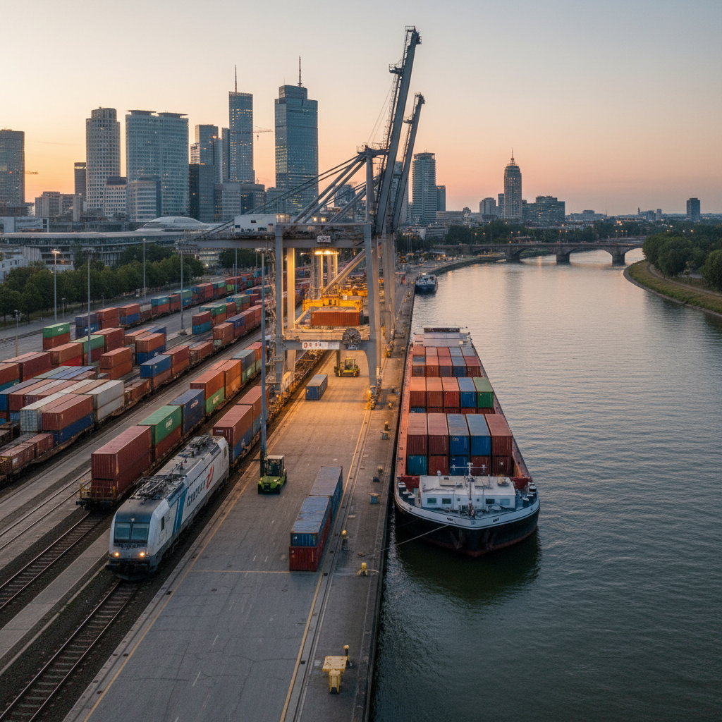 Intermodales Terminal mit Zug und Binnenschiff